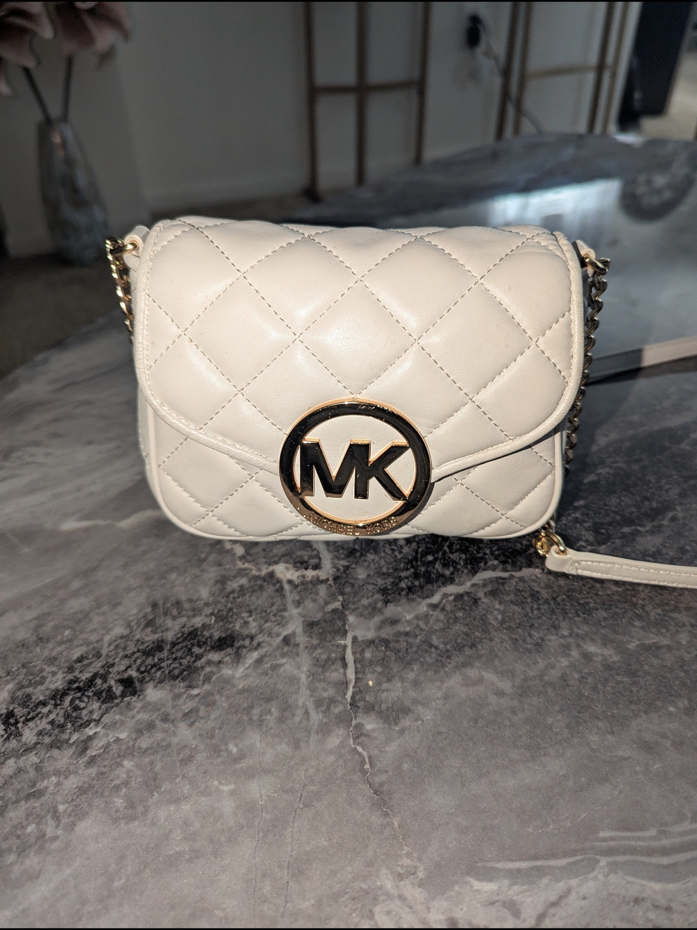 Michael Kors White Quilted MK Logo Crossbody Bag